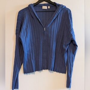Cyrus XL Blue Ribbed Full Zip Hoodie Lightweight Stretch Knit Sweater Athleisure